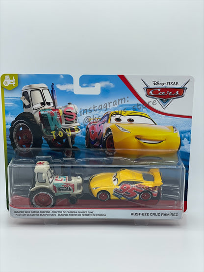 Disney Pixar Cars 1:55 2-Pack Bumper Save Racing Tractor and Rust-eze Cruz Ramirez - BNIP