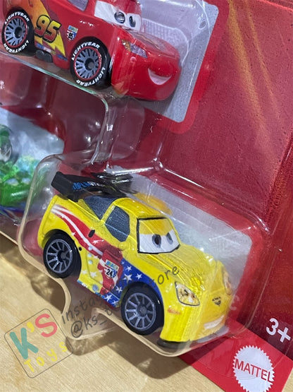 MINI RACERS DISNEY PIXAR CARS 3-PACK DIRT JEFF GORVETTE, LIGHTNING MCQUEEN WITH RACING WHEELS, AND CARLA VELOSO  - BNIP