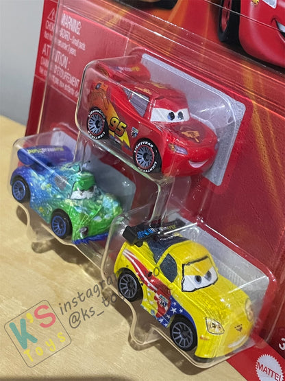 MINI RACERS DISNEY PIXAR CARS 3-PACK DIRT JEFF GORVETTE, LIGHTNING MCQUEEN WITH RACING WHEELS, AND CARLA VELOSO  - BNIP