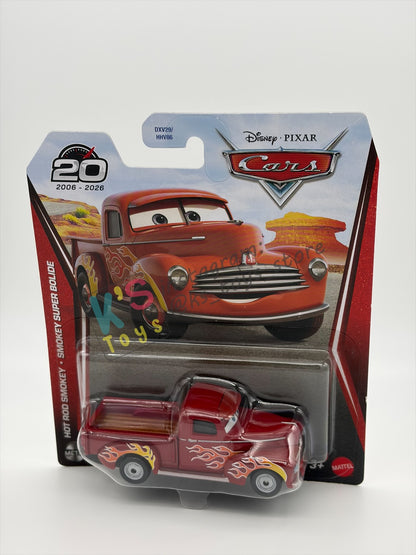 DISNEY PIXAR CARS 1:55 BY MATTEL - "HOT ROD SMOKEY" 2026 RE-RELEASED 20TH ANNIVERSARY CARD - BNIP