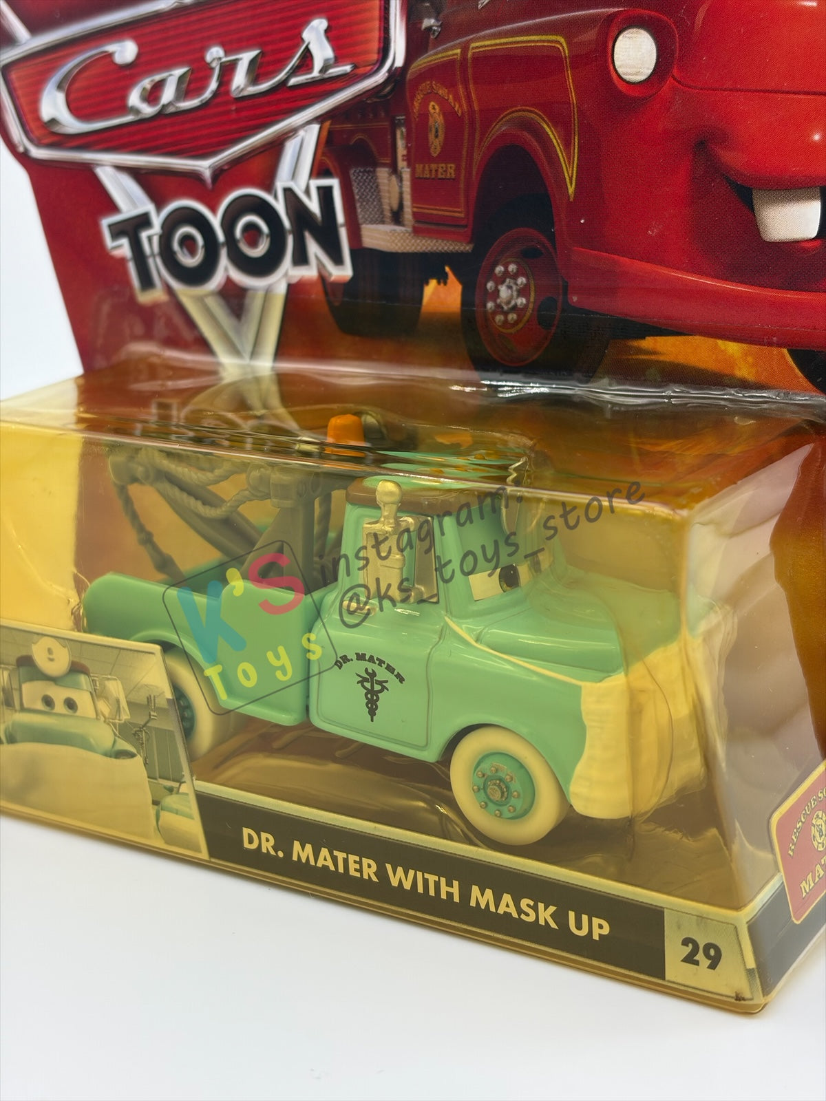 DISNEY PIXAR CARS 1:55 BY MATTEL, "DR. MATER WITH MASK UP" - CARS TOON RESCUE SQUAD MATER SERIES - BNIP