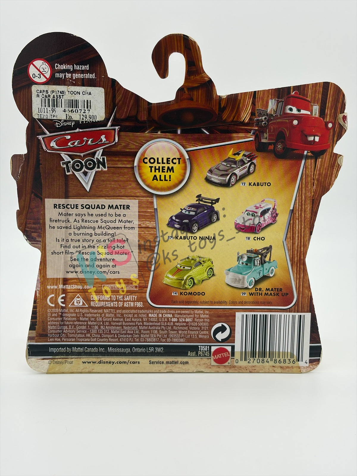 DISNEY PIXAR CARS 1:55 BY MATTEL, "DR. MATER WITH MASK UP" - CARS TOON RESCUE SQUAD MATER SERIES - BNIP