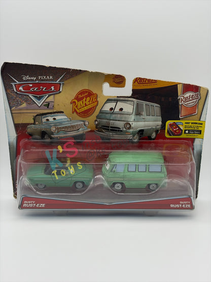Disney Pixar Cars 1:55 by Mattel 2-Pack DUSTY RUST-EZE AND RUSTY RUST-EZE - RUST-EZE RACING CENTER SERIES - BNIP - READ DESCRIPTION!!!!!