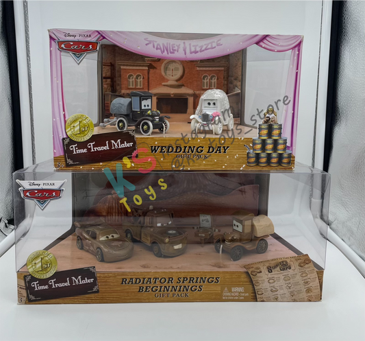 RARE DISNEY PIXAR CARS BY MATTEL, BUNDLE SET OF 2 GIFT SET TIME TRAVEL MATER - 1X RADIATOR SPRINGS BEGINNINGS 3-PACK GIFT SET AND 1X THE WEDDING DAY 2-PACK GIFT SET - BNIB