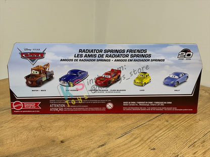 GIFT SET Disney Pixar Cars by MATTEL, EXCLUSIVE 5 PACK RADIATOR SPRINGS FRIENDS - 20TH ANNIVERSARY LOGO BNIP