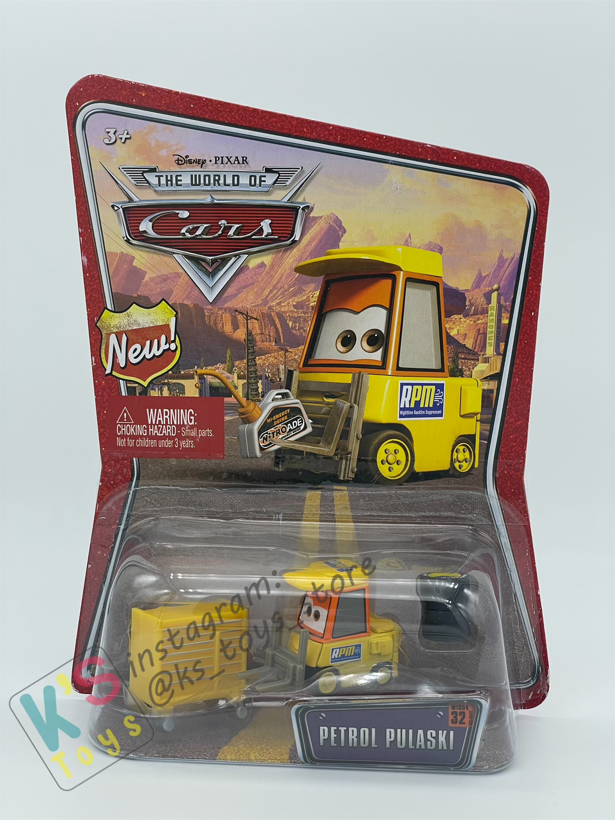 DISNEY PIXAR CARS 1:55 BY MATTEL, PETROL PULASKI - THE WORLD OF CARS SERIES - BNIP