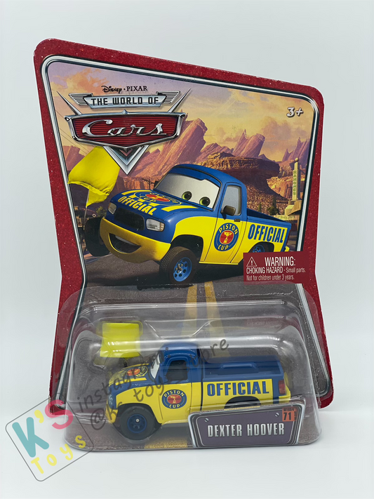 DISNEY PIXAR CARS BY MATTEL, DEXTER HOOVER WITH YELLOW FLAG - THE WORLD OF CARS SERIES  - BNIP