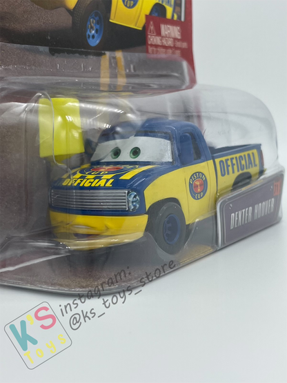 DISNEY PIXAR CARS BY MATTEL, DEXTER HOOVER WITH YELLOW FLAG - THE WORLD OF CARS SERIES  - BNIP