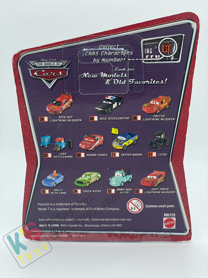 DISNEY PIXAR CARS BY MATTEL, DEXTER HOOVER WITH YELLOW FLAG - THE WORLD OF CARS SERIES  - BNIP