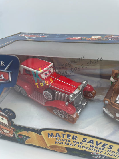 GIFT SET Disney Pixar Cars by MATTEL, EXCLUSIVE 3 PACK MATER SAVES CHRISTMAS ONLY AT TOYRUS - SANTA CAR, WHEE-HOO WINTER MATER, AND HOLIDAY HOTSHOT LIGHTNING MCQUEEN - BNIP