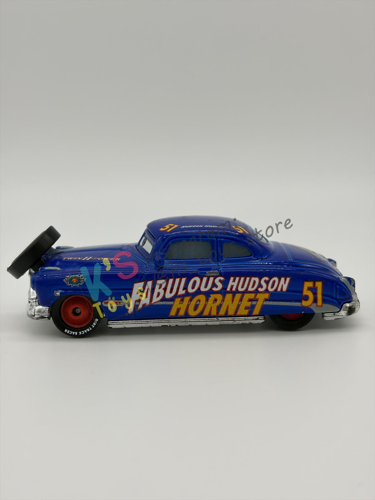 PRE-OWNED / LOOSE DISNEY PIXAR CARS - "FABULOUS HUDSON HORNET WITH TIRE" - FUNNY FLASHBACK - GOOD CONDITION