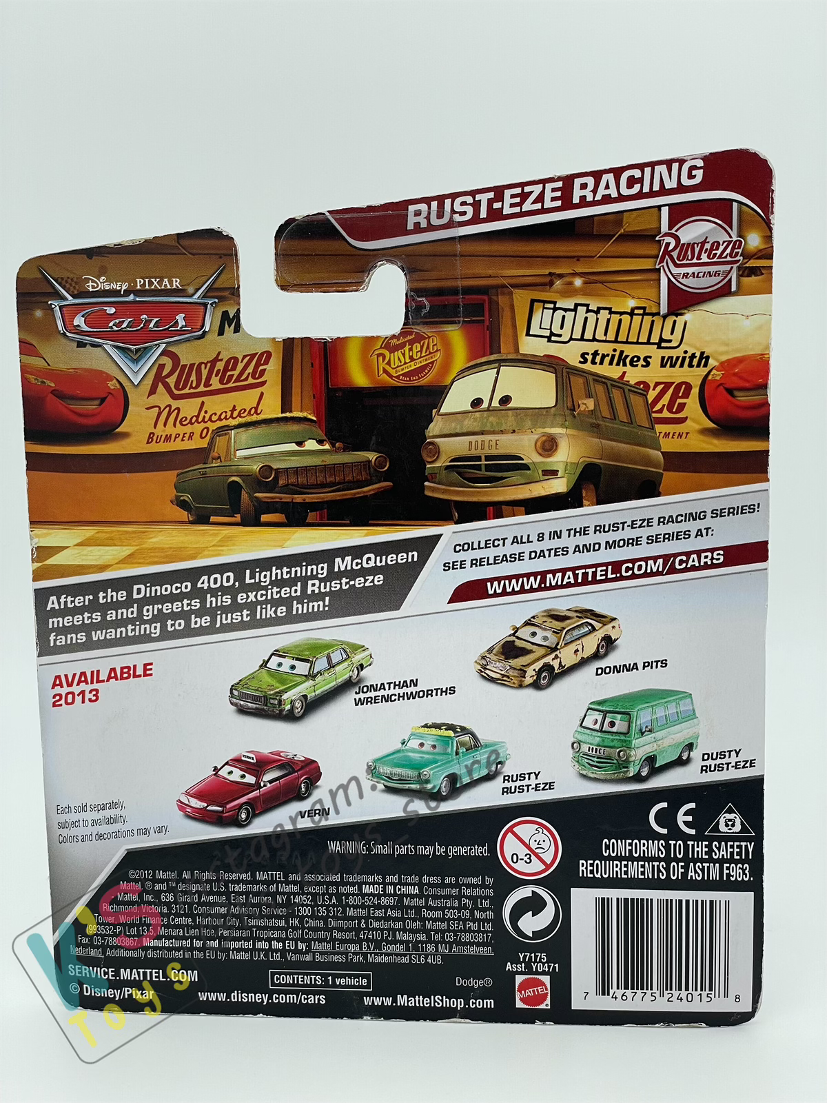 DISNEY PIXAR CARS 1:55 BY MATTEL, RUSTY RUST-EZE - RUSTEZE RACING SERIES - BNIP