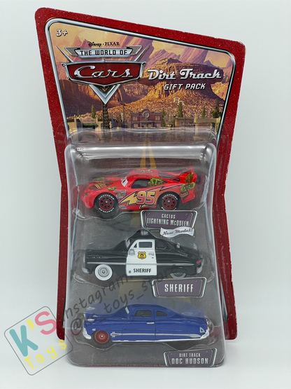 DISNEY PIXAR CARS 3 PACK DIRT TRACK GIFT PACK "CACTUS LIGHTNING MCQUEEN, SHERIFF, AND DIRT TRACK DOC HUDSON"  - BNIP