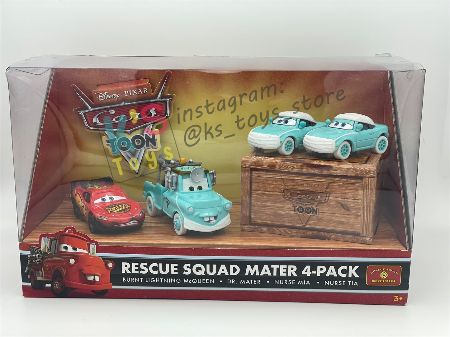 DISNEY PIXAR CARS 1:55 BY MATTEL - CARS TOON RESCUE SQUAD MATER 4-PACK GIFT SET "BURNT LIGHTNING MCQUEEN, DR MATER, NURSE MIA AND NURSE TIA" - BNIB