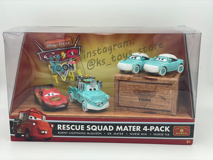 DISNEY PIXAR CARS 1:55 BY MATTEL - CARS TOON RESCUE SQUAD MATER 4-PACK GIFT SET "BURNT LIGHTNING MCQUEEN, DR MATER, NURSE MIA AND NURSE TIA" - BNIB