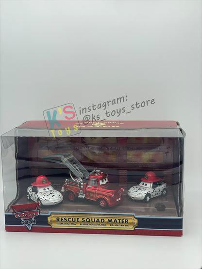 DISNEY PIXAR CARS 1:55 BY MATTEL - EXCLUSIVE SDCC 2009 CARS TOON RESCUE SQUAD MATER 3-PACK GIFT SET "RESCUE SQUAD MATER, DALMATIAN MIA AND DALMATIAN TIA" - BNIB