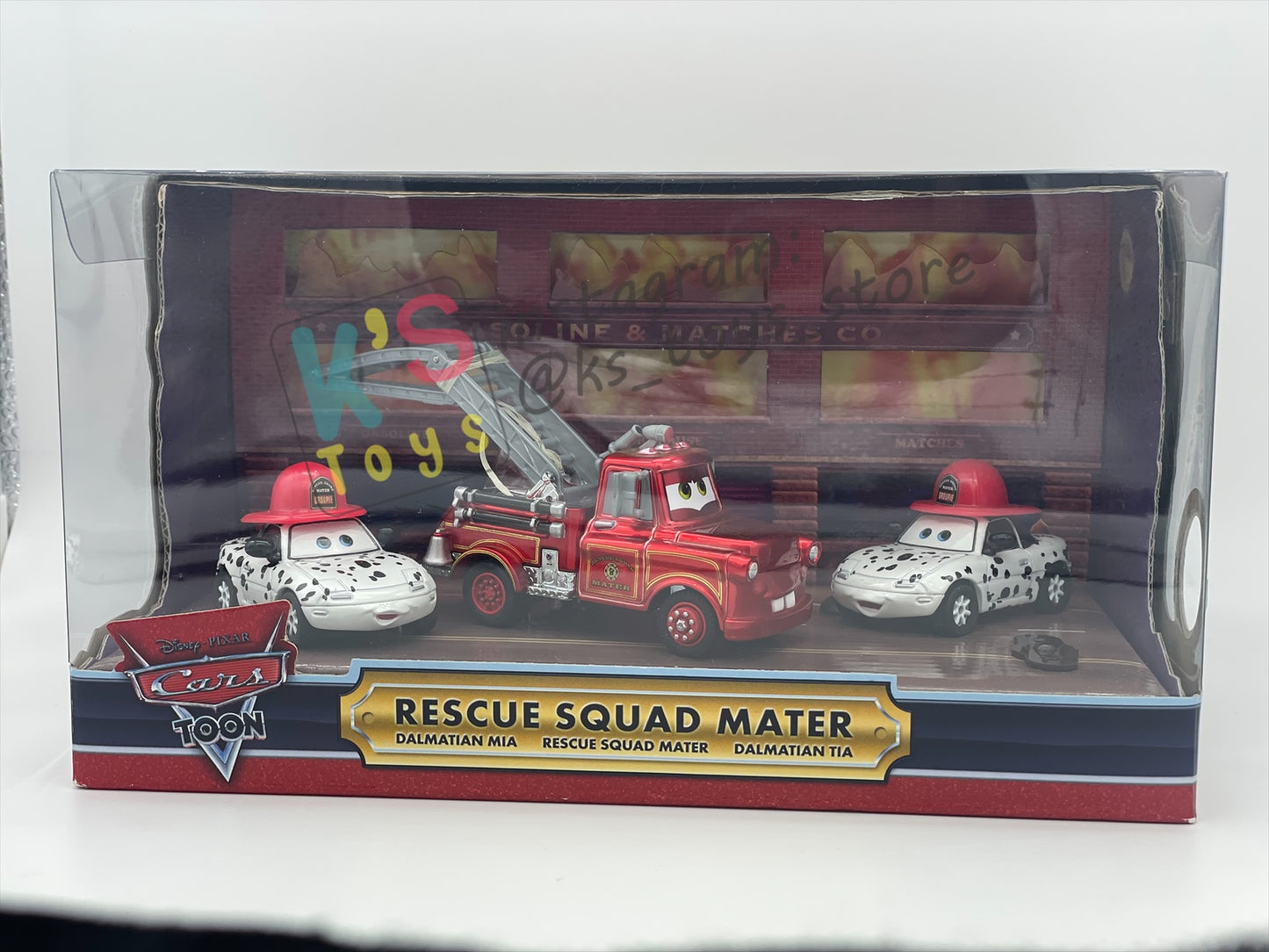 DISNEY PIXAR CARS 1:55 BY MATTEL - EXCLUSIVE SDCC 2009 CARS TOON RESCUE SQUAD MATER 3-PACK GIFT SET "RESCUE SQUAD MATER, DALMATIAN MIA AND DALMATIAN TIA" - BNIB