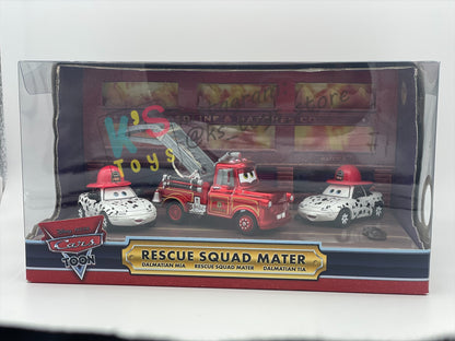 DISNEY PIXAR CARS 1:55 BY MATTEL - EXCLUSIVE SDCC 2009 CARS TOON RESCUE SQUAD MATER 3-PACK GIFT SET "RESCUE SQUAD MATER, DALMATIAN MIA AND DALMATIAN TIA" - BNIB