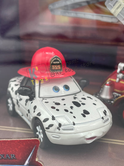 DISNEY PIXAR CARS 1:55 BY MATTEL - EXCLUSIVE SDCC 2009 CARS TOON RESCUE SQUAD MATER 3-PACK GIFT SET "RESCUE SQUAD MATER, DALMATIAN MIA AND DALMATIAN TIA" - BNIB