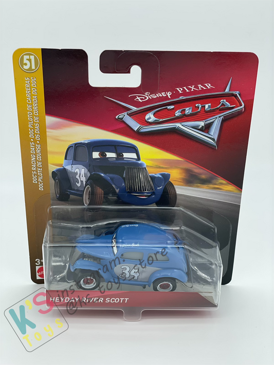 DISNEY PIXAR CARS BY MATTEL, HEYDAY RIVER SCOTT - DOC'S RACING DAYS - BNIP