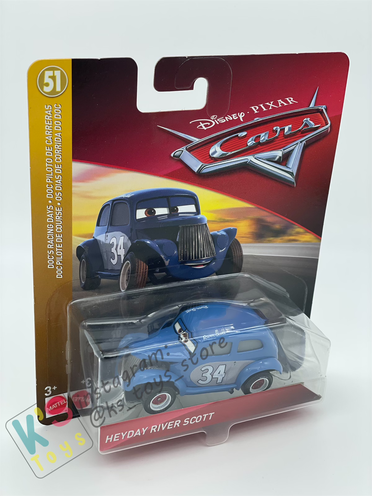 DISNEY PIXAR CARS BY MATTEL, HEYDAY RIVER SCOTT - DOC'S RACING DAYS - BNIP