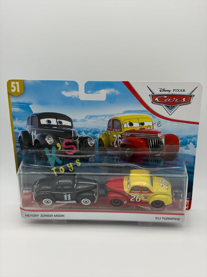 Disney Pixar Cars 1:55 2-Pack Heyday Junior Moon and Eli Turnpike, Doc's Racing Days - BNIP