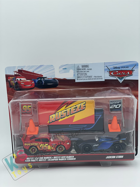 Disney Pixar Cars 1:55 2-Pack RUSTEZE LIGHTNING MCQUEEN - JACKSON STORM WITH ACCESSORIES - BNIP