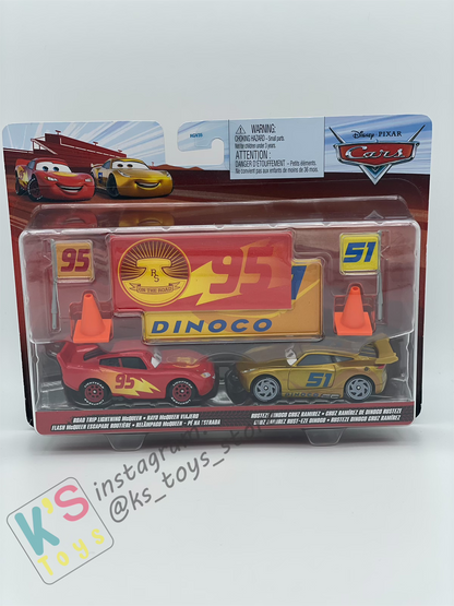 Disney Pixar Cars 1:55 2-Pack ROAD TRIP LIGHTNING MCQUEEN - RUSTEZE DINOCO CRUZ RAMIREZ  WITH ACCESSORIES - BNIP