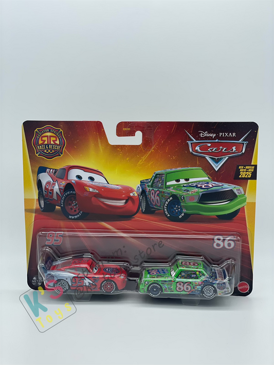 Disney Pixar Cars 1:55 by Mattel 2-Pack LIGHTNING MCQUEEN AND CHICK HICKS RACE AND RESCUE SERIES - 2025 NEW RELEASE - BNIP