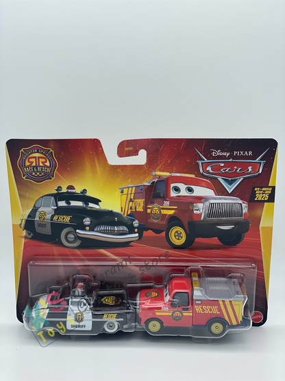 Disney Pixar Cars 1:55 by Mattel 2-Pack SHERIFF AND ADAM ROADRIGUEZ RACE AND RESCUE SERIES - 2025 NEW RELEASE - BNIP