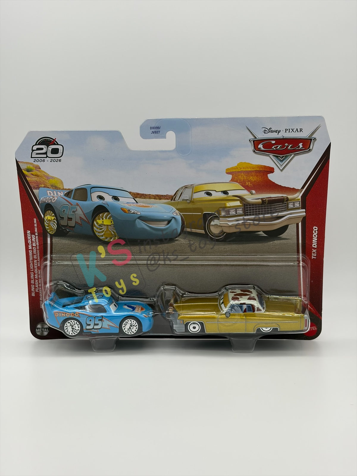 Disney Pixar Cars 1:55 by Mattel 2-Pack BLING BLING LIGHTNING MCQUEEN AND TEX DINOCO - 2026 RE-RELEASED 2Oth ANNIVERSARY CARD - BNIP