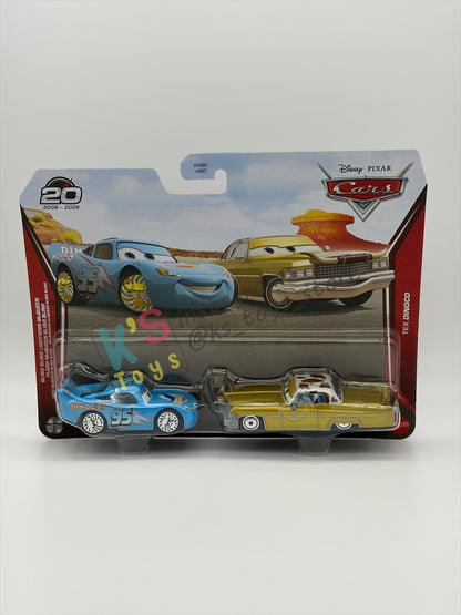 Disney Pixar Cars 1:55 by Mattel 2-Pack BLING BLING LIGHTNING MCQUEEN AND TEX DINOCO - 2026 RE-RELEASED 2Oth ANNIVERSARY CARD - BNIP