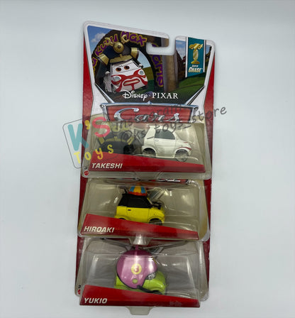DISNEY PIXAR CARS BY MATTEL 1:55, BUNDLE OF 3 DISNEY CARS - YUKIO, HIROAKI AND TAKESHI - SUPER CHASE SERIES - BNIP