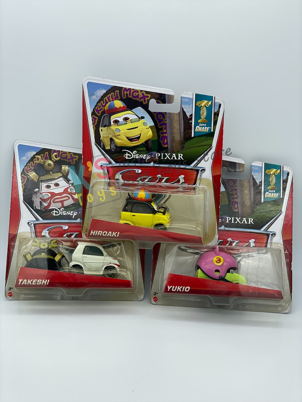 DISNEY PIXAR CARS BY MATTEL 1:55, BUNDLE OF 3 DISNEY CARS - YUKIO, HIROAKI AND TAKESHI - SUPER CHASE SERIES - BNIP