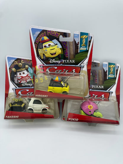DISNEY PIXAR CARS BY MATTEL 1:55, BUNDLE OF 3 DISNEY CARS - YUKIO, HIROAKI AND TAKESHI - SUPER CHASE SERIES - BNIP