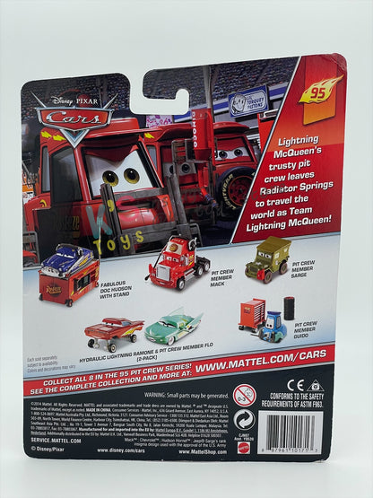 Rare DELUXE Disney Pixar Cars by Mattel, Fabulous Hudson with Stand - 95 PIT CREW SERIES - BNIP