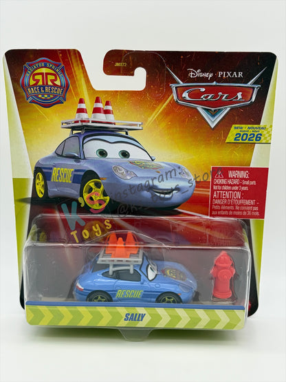 DISNEY PIXAR CARS 1:55 BY MATTEL - "RACE AND RESCUE SALLY WITH ACCESSORIES" 2026 NEW RELEASE RACE & RESCUE SERIES - BNIP