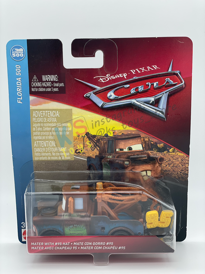 DISNEY PIXAR CARS BY MATTEL 1:55, "MATER WITH 95 HAT" - CARS 3 FLORIDA 3 SERIES - BNIP