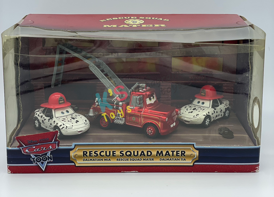 DISNEY PIXAR CARS 1:55 BY MATTEL - EXCLUSIVE SDCC 2009 CARS TOON RESCUE SQUAD MATER 3-PACK GIFT SET "RESCUE SQUAD MATER, DALMATIAN MIA AND DALMATIAN TIA" - BNIB *CRACKED BLISTER