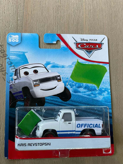 DISNEY PIXAR CARS BY MATTEL, KRIS REVSTOPSKI WITH GREEN FLAG - FLORIDA 500 - BNIP