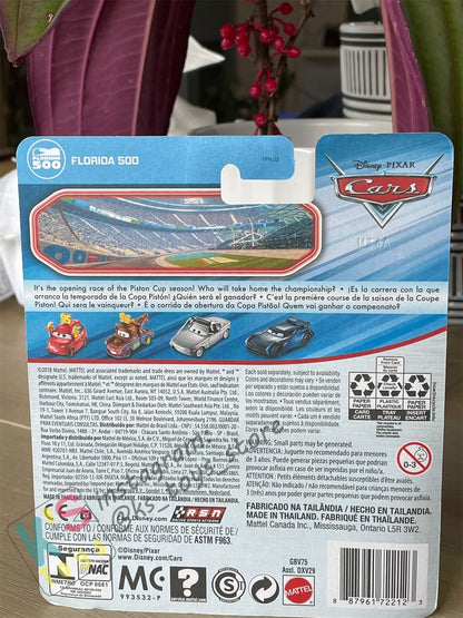 DISNEY PIXAR CARS BY MATTEL, KRIS REVSTOPSKI WITH GREEN FLAG - FLORIDA 500 - BNIP