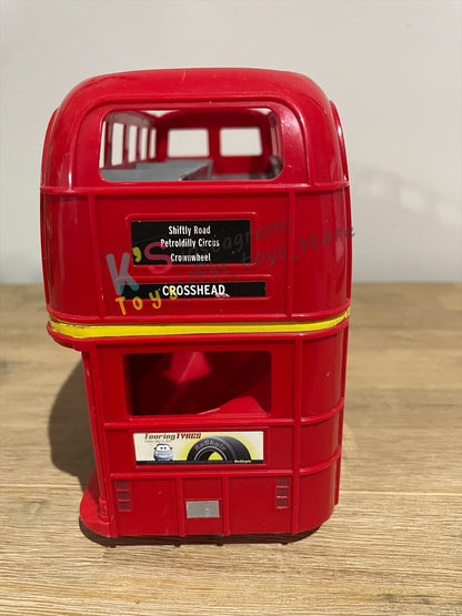 PRE-OWNED / LOOSE DISNEY PIXAR CARS BY MATTEL - "DOUBLE DECKER LONDON BUS CARRY CASE" CARS 2 - PLAYED IN GOOD CONDITION - SMALL CRACKED, READ DESCRIPTION!!!!!!!!!!