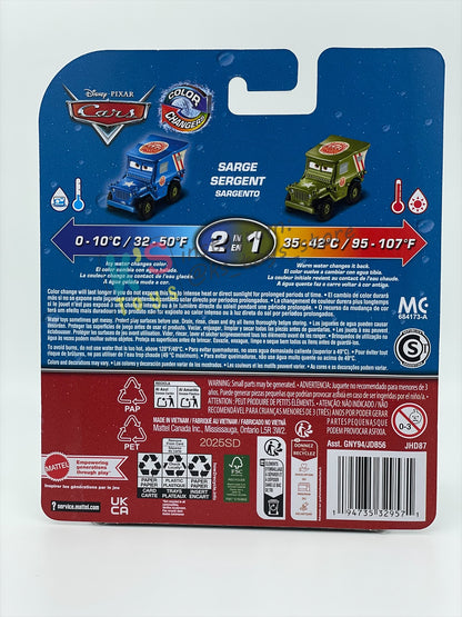COLOR CHANGERS Disney Pixar Cars by MATTEL, RACE AND RESCUE SARGE (BLUE / OLIVE GREEN) - 2026 NEW RELEASE - BNIP