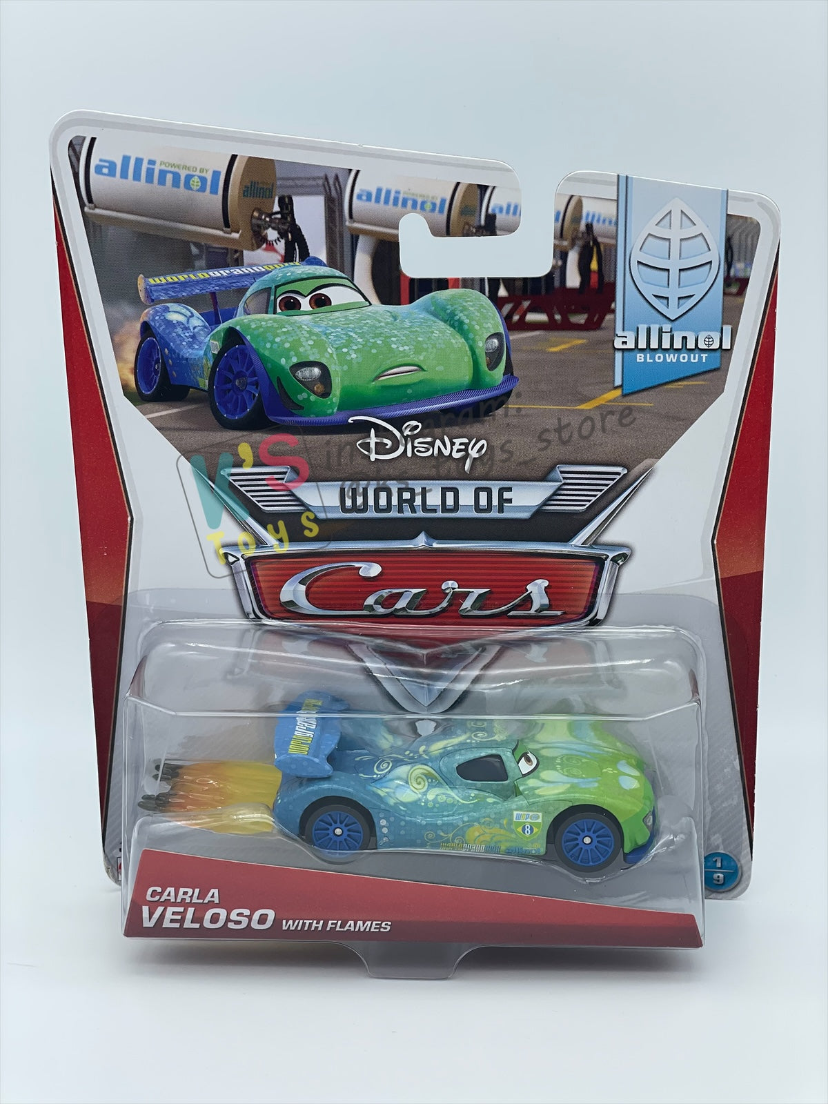 DISNEY PIXAR CARS BY MATTEL 1:55, "CARLA VELOSO WITH FLAMES" - ALLINOL BLOWOUT SERIES - BNIP