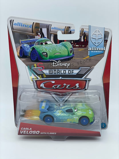 DISNEY PIXAR CARS BY MATTEL 1:55, "CARLA VELOSO WITH FLAMES" - ALLINOL BLOWOUT SERIES - BNIP