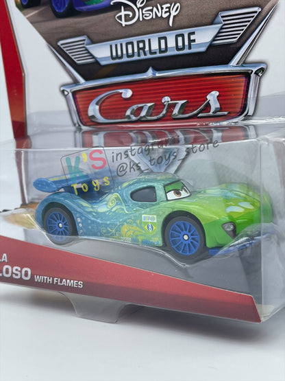 DISNEY PIXAR CARS BY MATTEL 1:55, "CARLA VELOSO WITH FLAMES" - ALLINOL BLOWOUT SERIES - BNIP