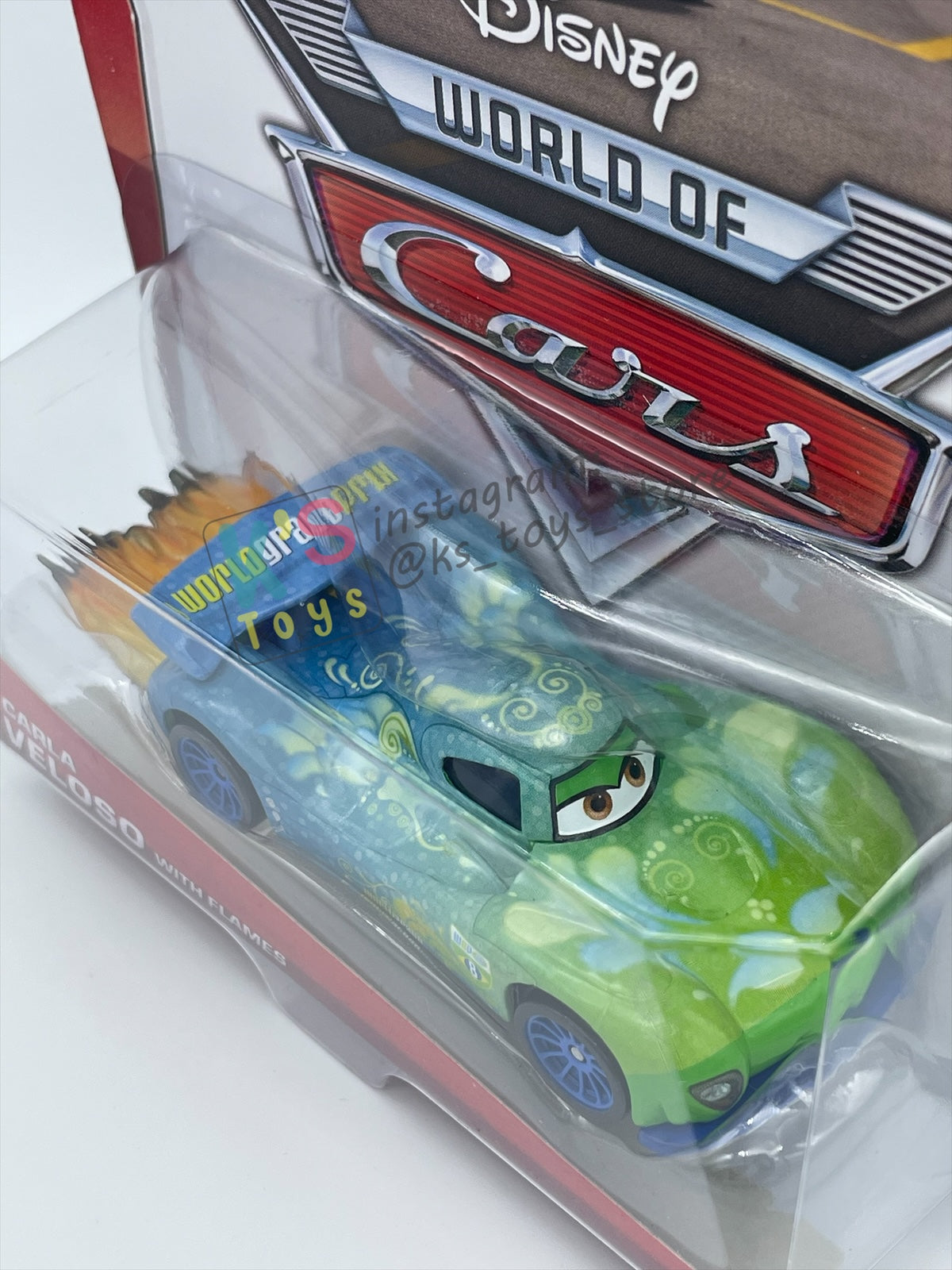 DISNEY PIXAR CARS BY MATTEL 1:55, "CARLA VELOSO WITH FLAMES" - ALLINOL BLOWOUT SERIES - BNIP