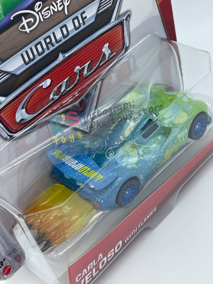 DISNEY PIXAR CARS BY MATTEL 1:55, "CARLA VELOSO WITH FLAMES" - ALLINOL BLOWOUT SERIES - BNIP