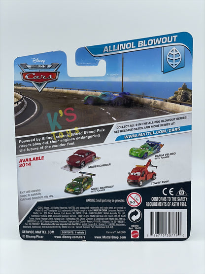 DISNEY PIXAR CARS BY MATTEL 1:55, "CARLA VELOSO WITH FLAMES" - ALLINOL BLOWOUT SERIES - BNIP