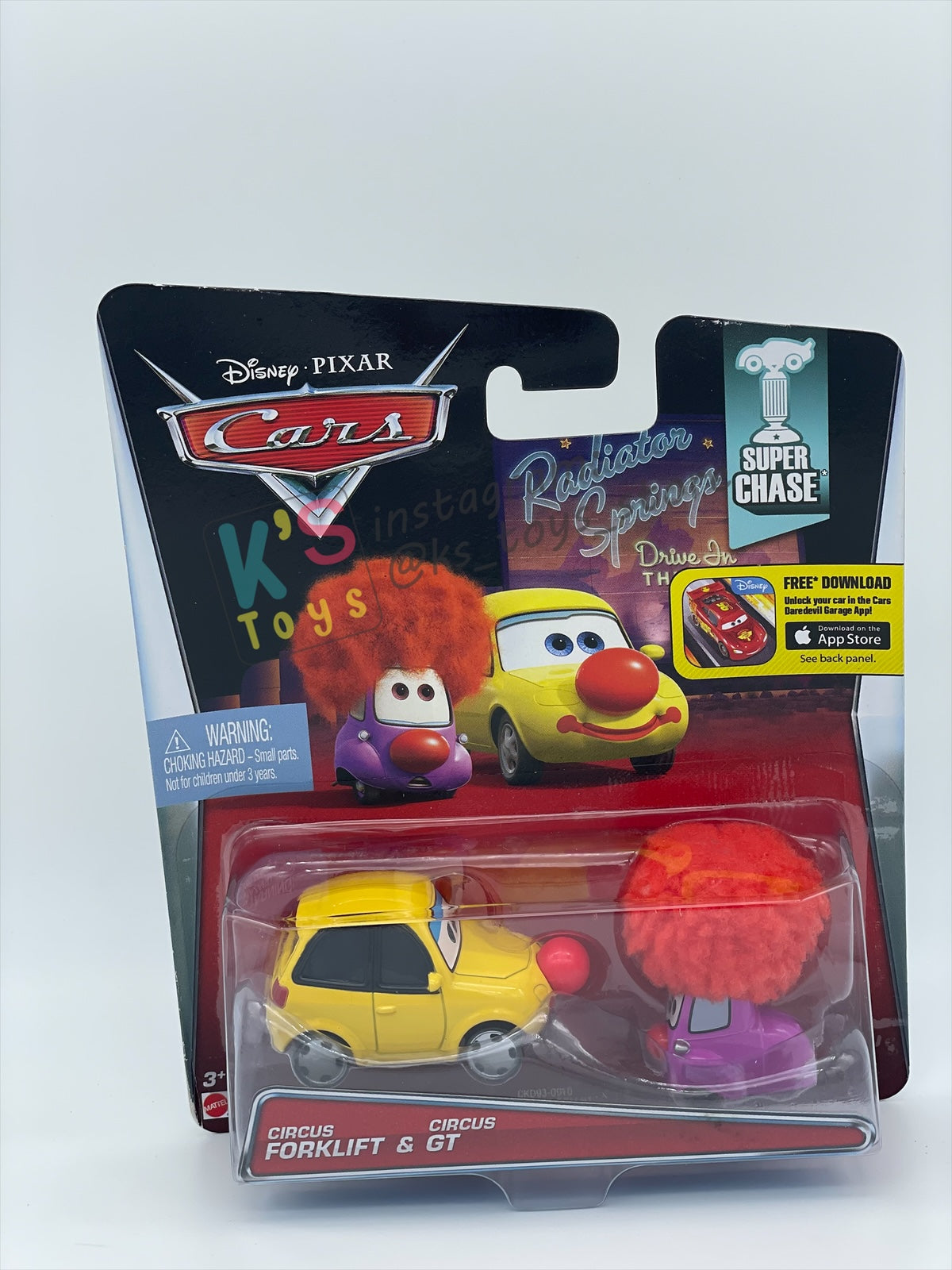 DISNEY PIXAR CARS BY MATTEL 1:55, "CIRCUS FORKLIFT & CIRCUS GT" - SUPER CHASE SERIES - BNIP
